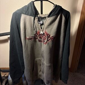 HYBRID APPAREL BAGGY GRAPHIC FULL ZIP HOODIE WITH SKULL & BONES ZIPPER (sold)